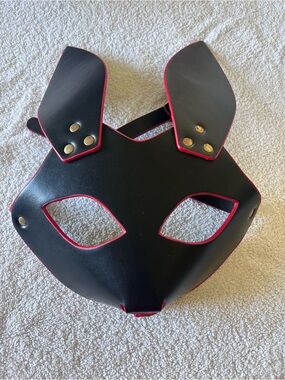 Cosplay Black Faux Leather Bunny Mask with Red Trim